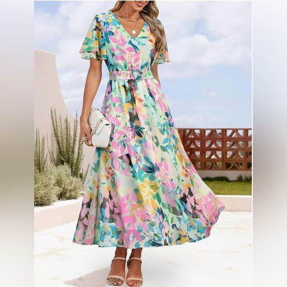 Summer Floral V Neck Midi Dress Boho - Picture 1 of 3